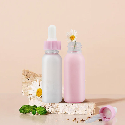 Wholesale Clear Frosted 30ml 1oz Pink White PET Round Serum Essential Oil Plastic Dropper Bottle For All Kind of Liquids